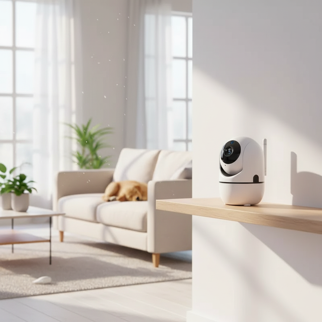 Smart security camera in living room with dog