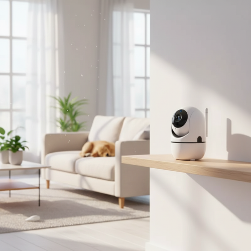 Smart security camera in living room with dog
